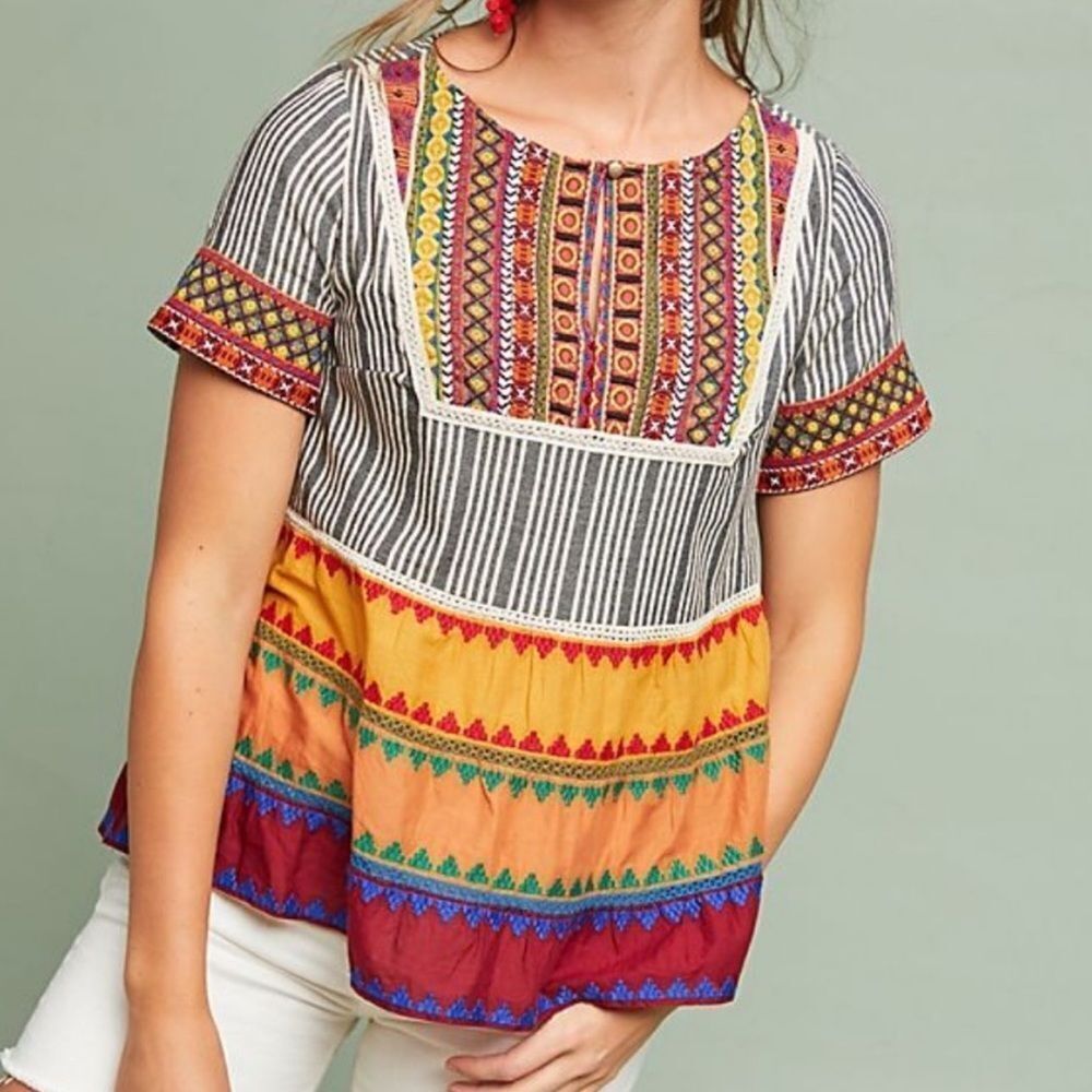 Anthropologie akemi kin rainbow embroidered bohemian blouse